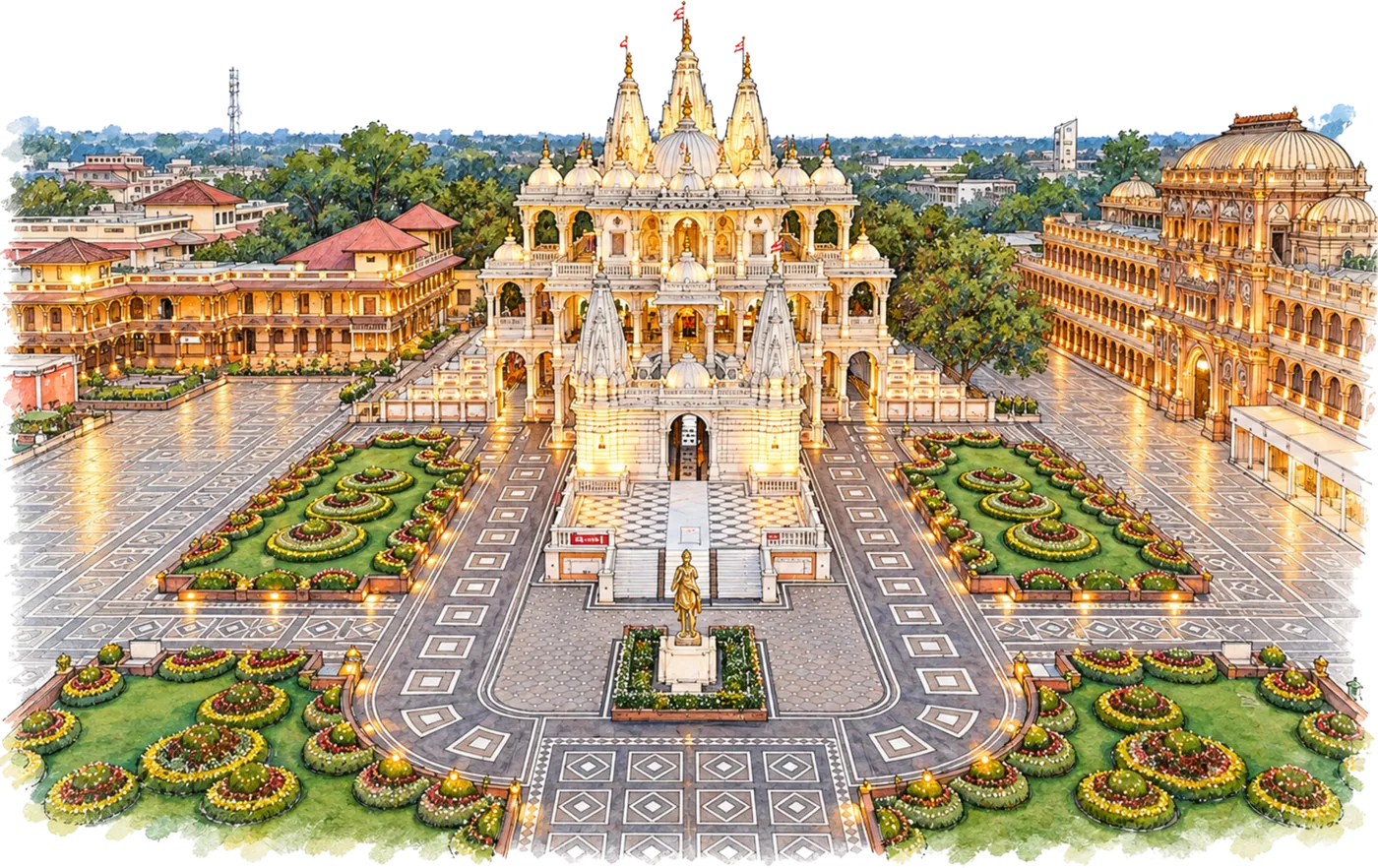 Illustration of the mandir complex at dusk, lit with lamps