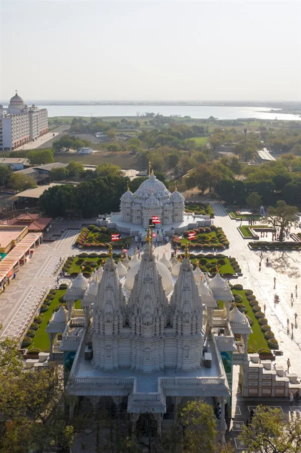 Aerial view of the mandirs and gardens by day