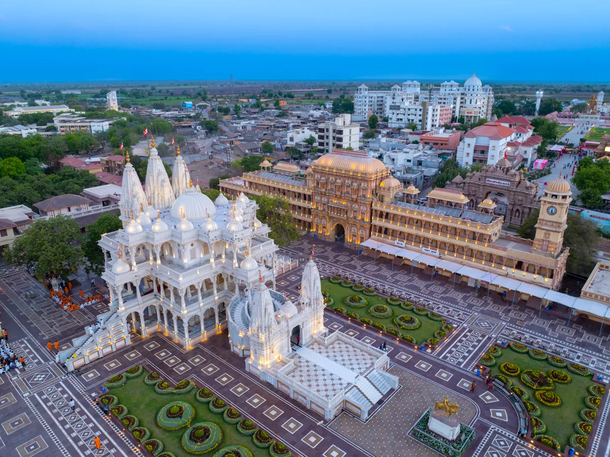 Aerial view of the mandir complex in the evening