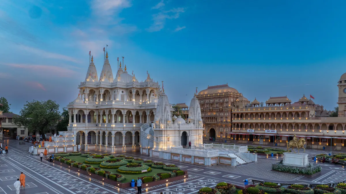 The mandir and hall at blue hour