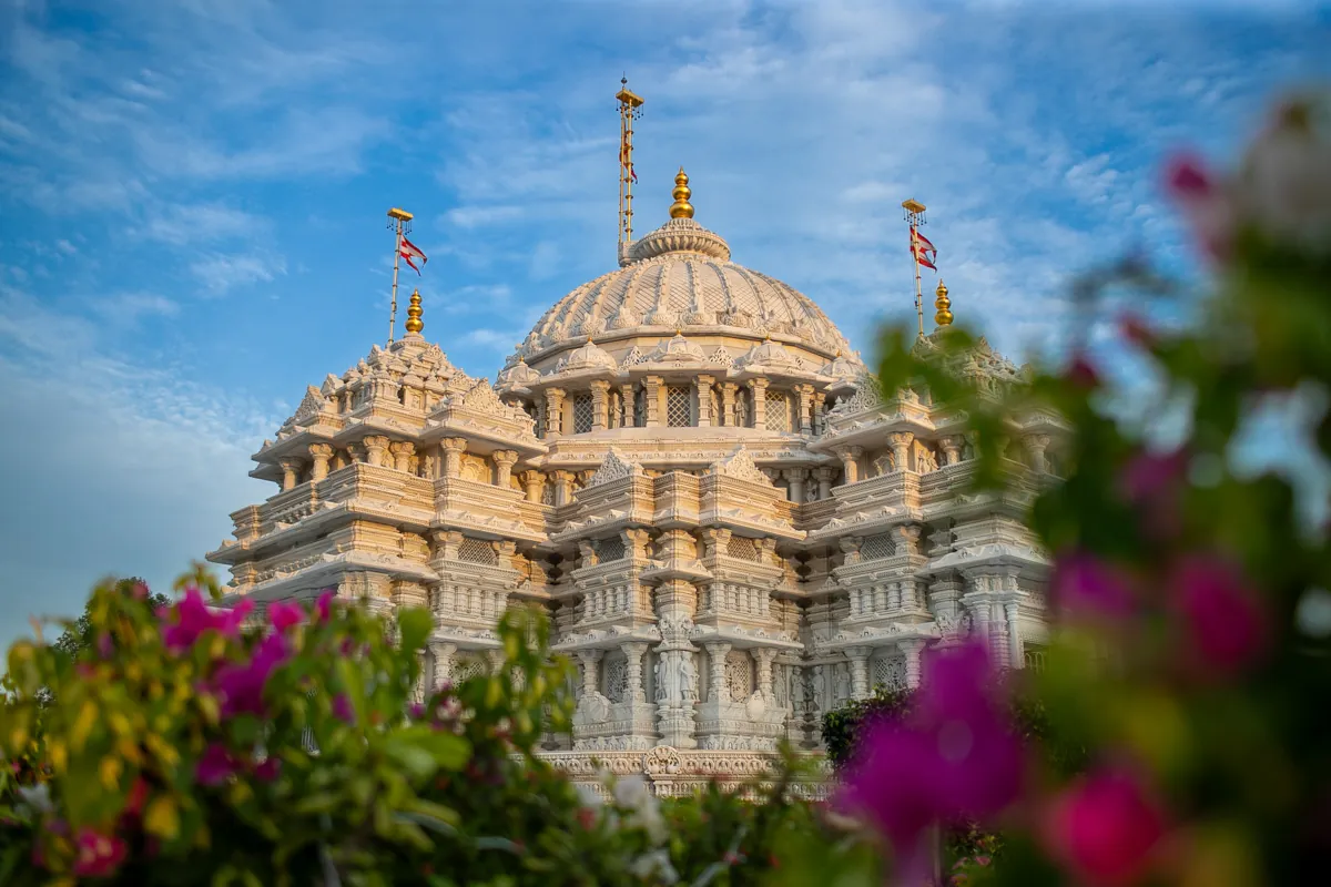 The white marble dome behind bougainvillea