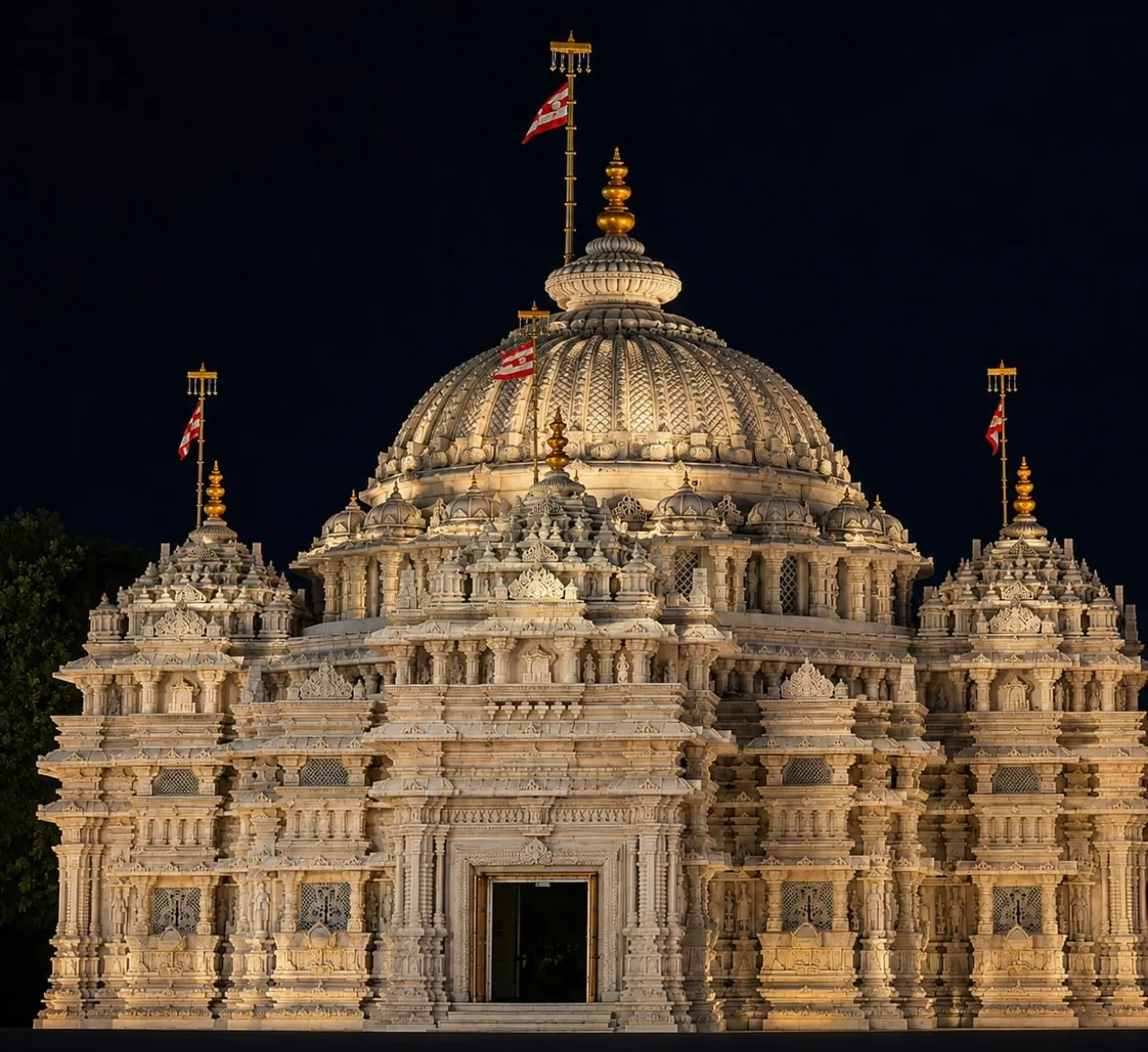 The carved marble dome lit at night