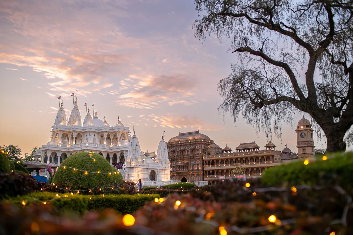 The mandir and hall at dusk with fairy lights