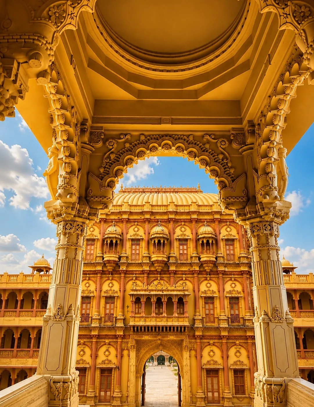 The golden hall framed by a carved arch