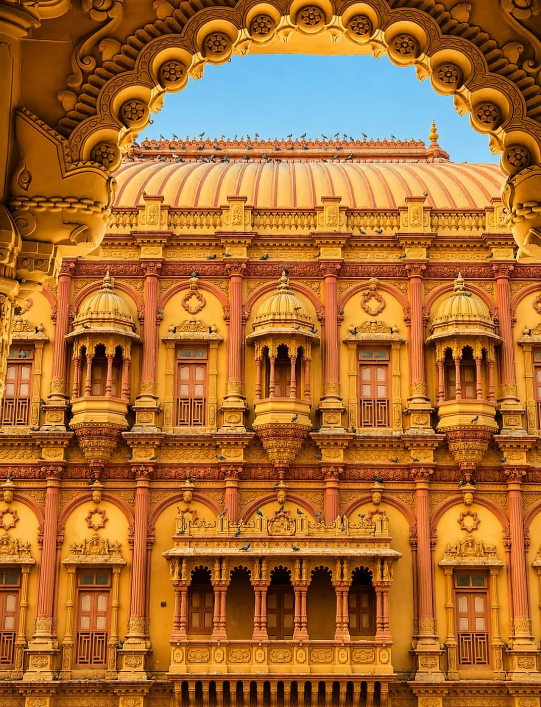 The ornate golden facade of the hall