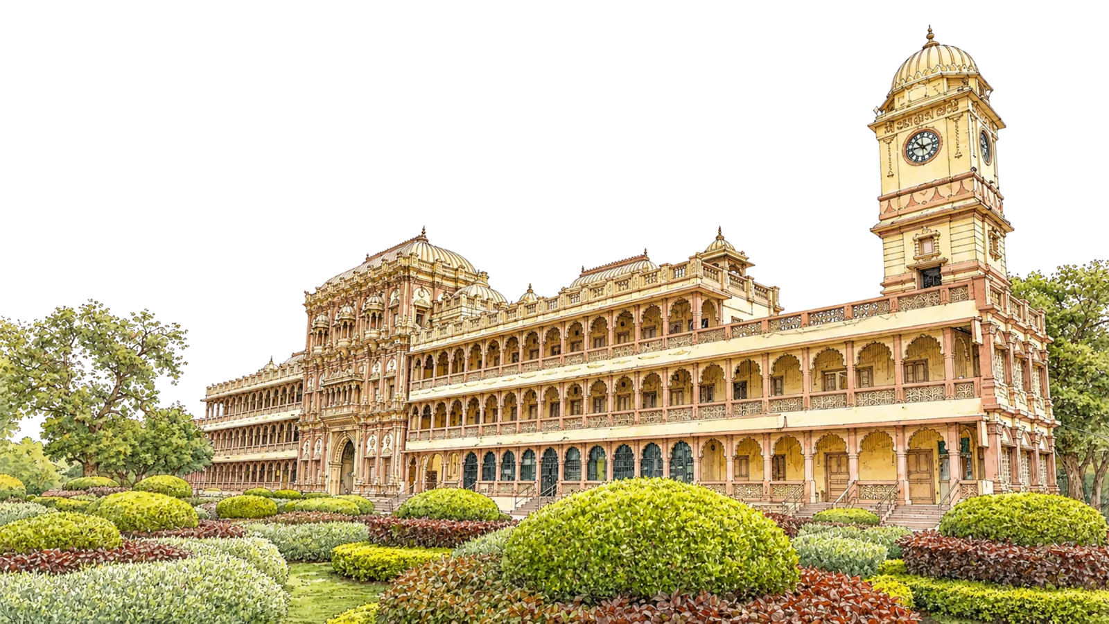 Watercolour of the mandir hall and clock tower in Sarangpur