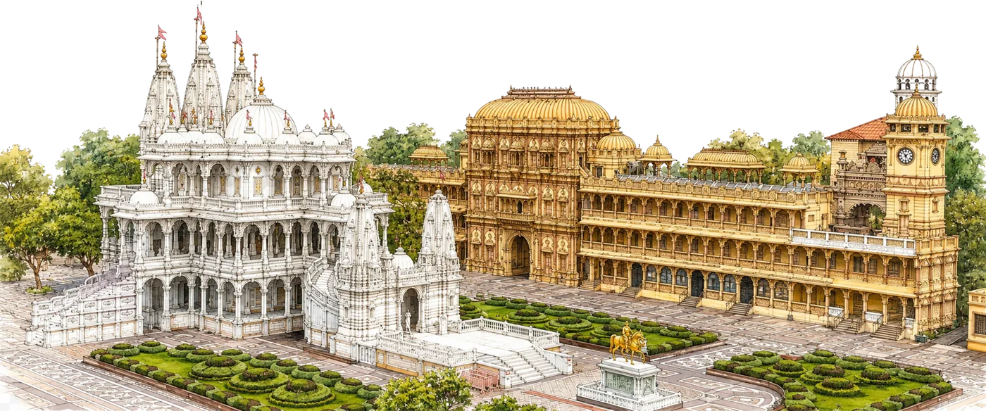 Watercolour of the white marble mandir beside the golden hall