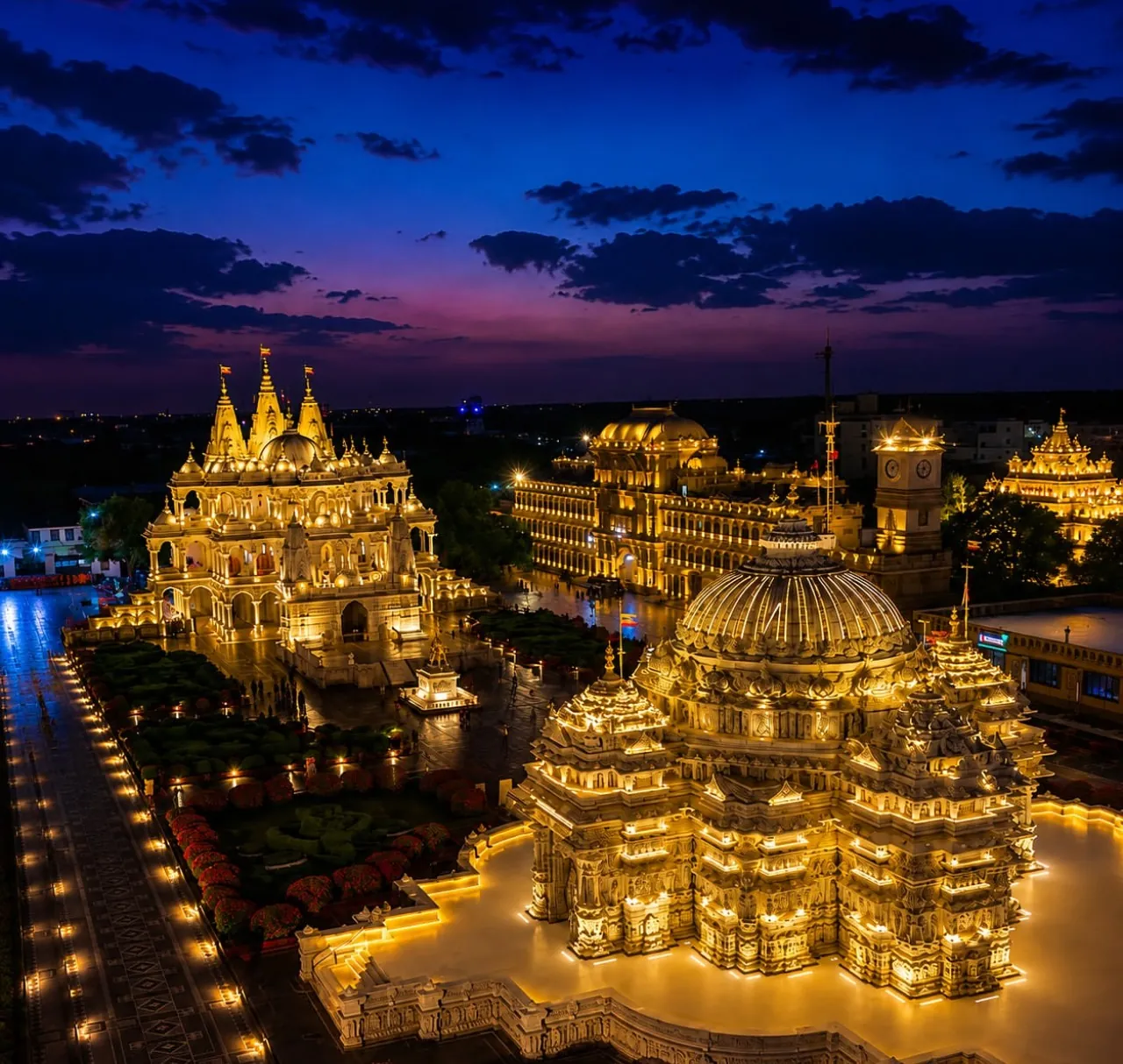 The mandir complex lit up at night under a violet sky